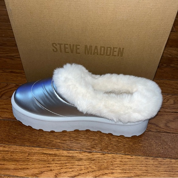 Steve Madden Unite Faux Fur Platform Clogs Metallic Silver & White Women’s 10 - Picture 5 of 14